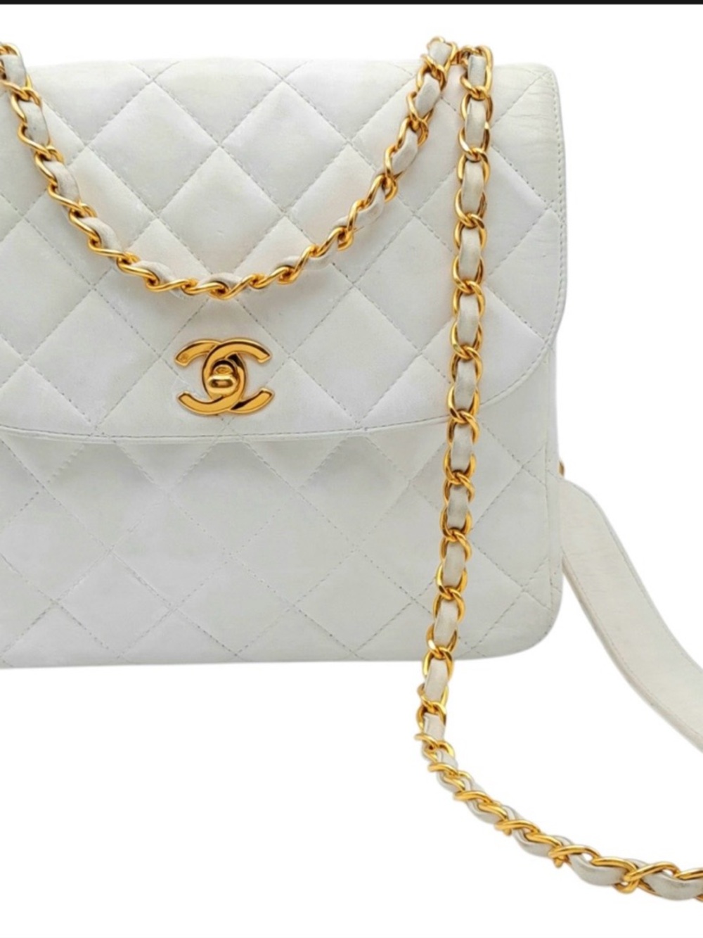Authentic Vintage Chanel White Quilted Leather Shoulder Bag with Gold Chain